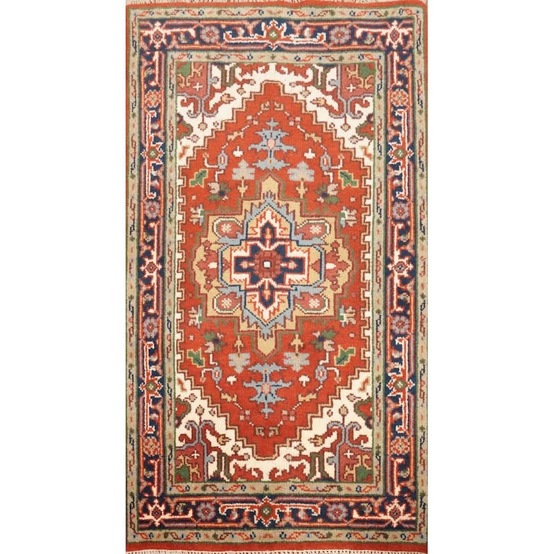 Hand Knotted Oriental 100% Wool Carpet Traditional Medallion Oranges & Rust Heriz (serapi) Area Rug - 4' 11'' X 2' 11''