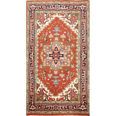 Hand Knotted Oriental 100% Wool Carpet Traditional Medallion Oranges & Rust Heriz (serapi) Area Rug - 4' 11'' X 2' 11''