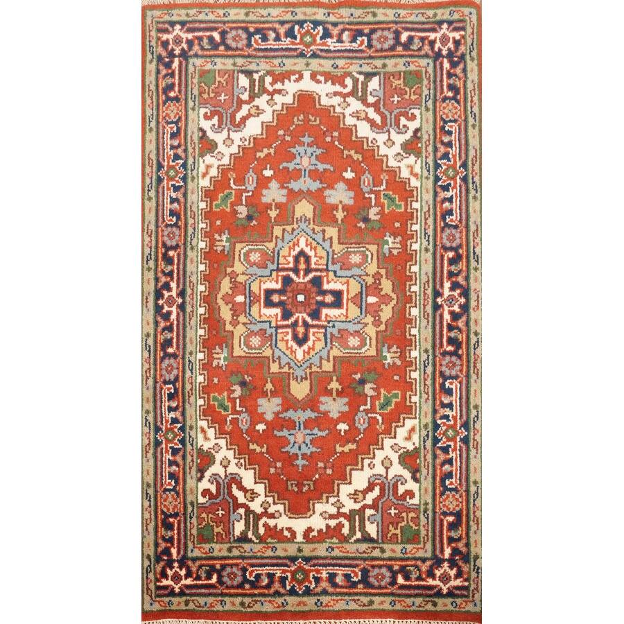Hand Knotted Oriental 100% Wool Carpet Traditional Medallion Oranges & Rust Heriz (serapi) Area Rug - 4' 11'' X 2' 11''