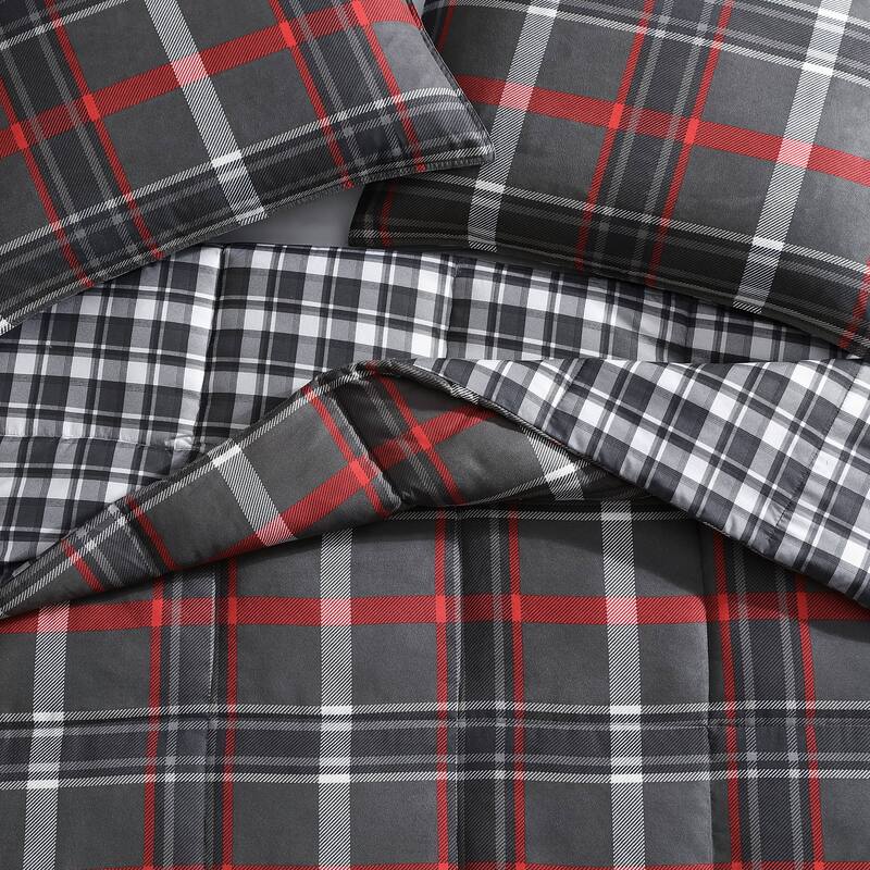 Eddie Bauer Willow Plaid Down Alt Grey Reversible Comforter Set