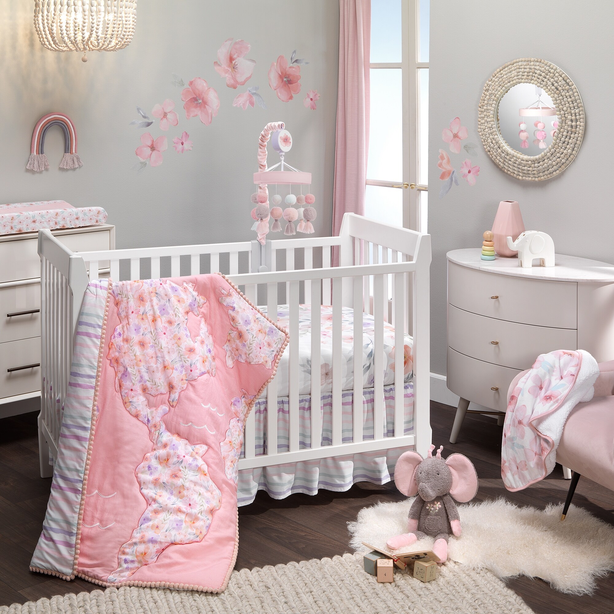 Grey and 2025 pink nursery bedding