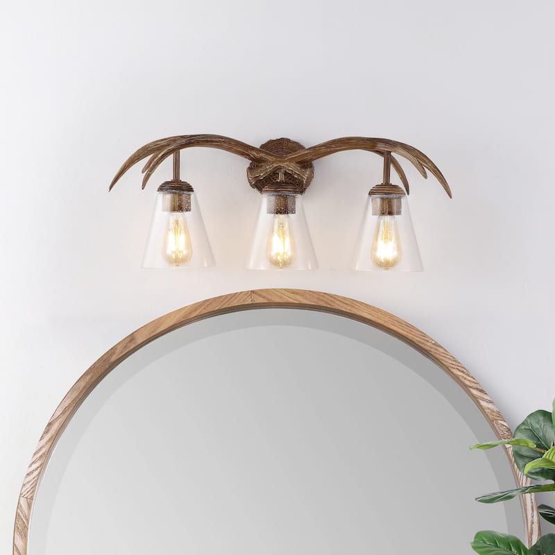 Nelle 25.5" 3-Light Southwestern Bohemian Resin/Seeded Glass Faux Antler LED Vanity Light, Brown Wood Finish by JONATHAN Y