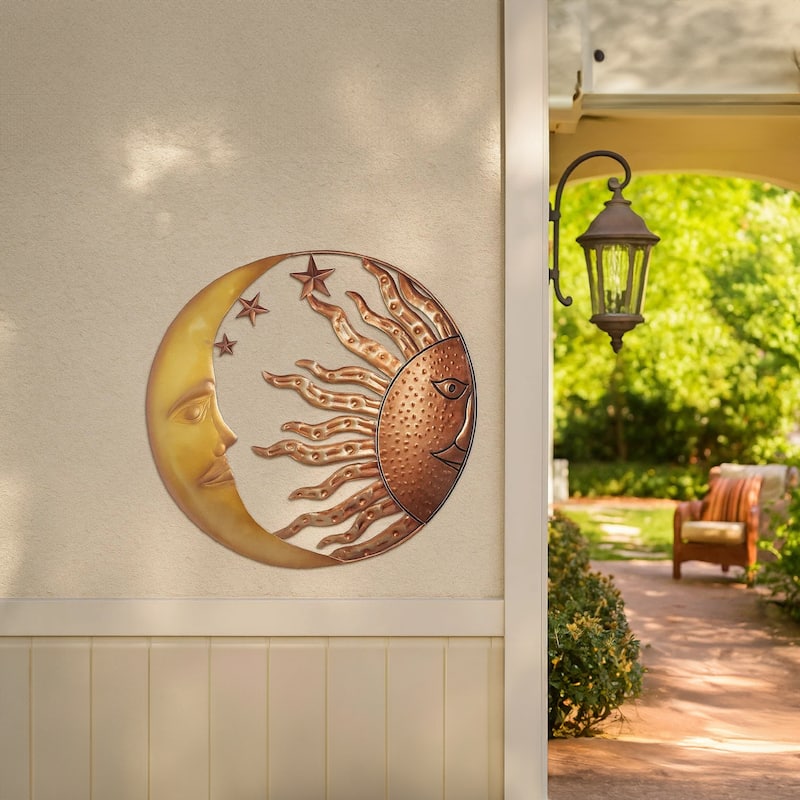 21 Inch Handcrafted Sun and Moon Accent Wall Decor, Round Metal Wall Mount, Rustic Gold, Bronze