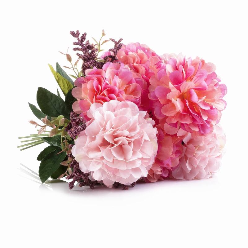 Enova Home 7 Heads Pink Mixed Artificial Silk Dahlia Fake Flowers Arrangement in Glass Vase with Faux Water for Home Decor - N/A