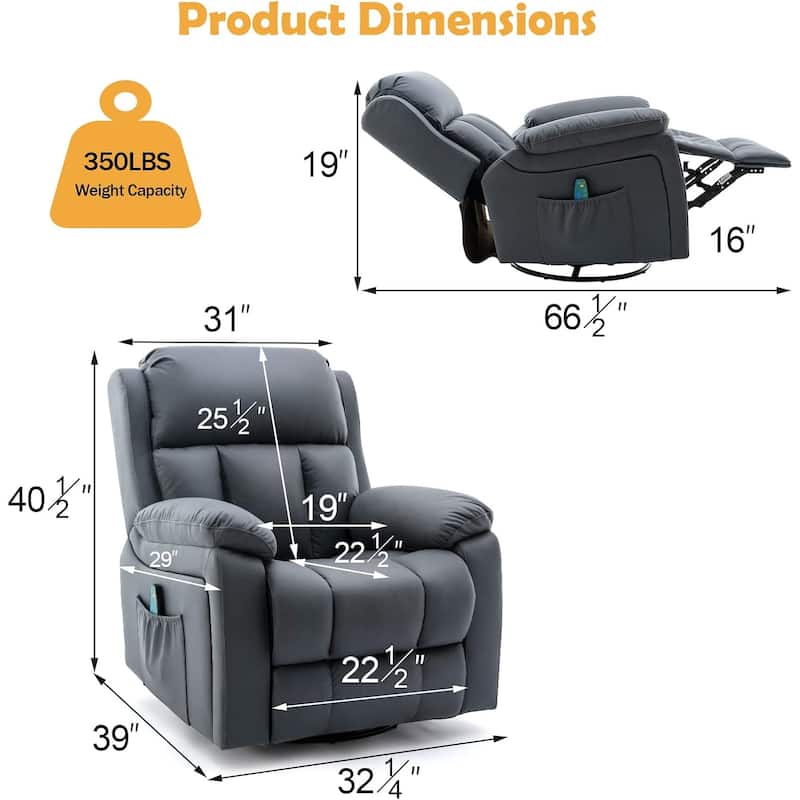 Heated Massage Recliner Chair with 360° Swivel, Rocking Feature, and Side Pocket for Living Room