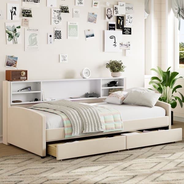 slide 2 of 14, Twin Size Upholstered Platform Bed with Headboard and Storage Drawers, Velvet Fabric with Built-in Shelf Beige