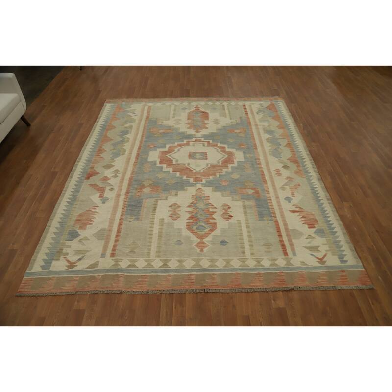 Hand Woven Oriental 100% Wool Carpet Southwestern Tribal Navy Blue & Blues Kilim Area Rug - 9' 11'' X 8' 4''