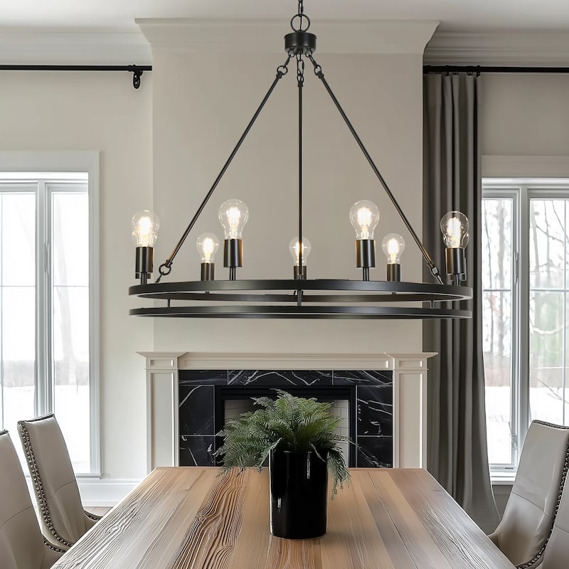 Oriea Modern Farmhouse 9-Light Black Chandelier Classic Wheel Lights - D 31.9" x H 29.3"