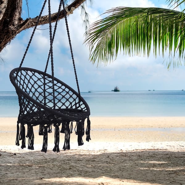slide 2 of 7, Comfortable Macrame Hammock Chair for Indoor/Outdoor - Supports 330lbs Black