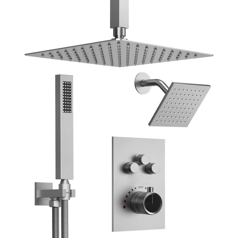 GRANDJOY Dual Shower Heads System 12" & 6" Rainfall Shower Head with Handheld Sprayer - Brushed Nickel