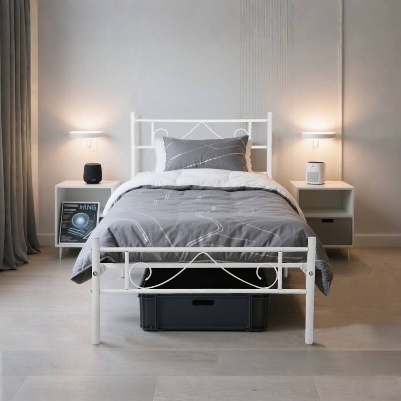 Homy Casa Twin Size White Metal Bed Frame, Clip-In Slats, Center Support, 12" Storage, Noise-Free Platform Bed, No Box Spring - White
