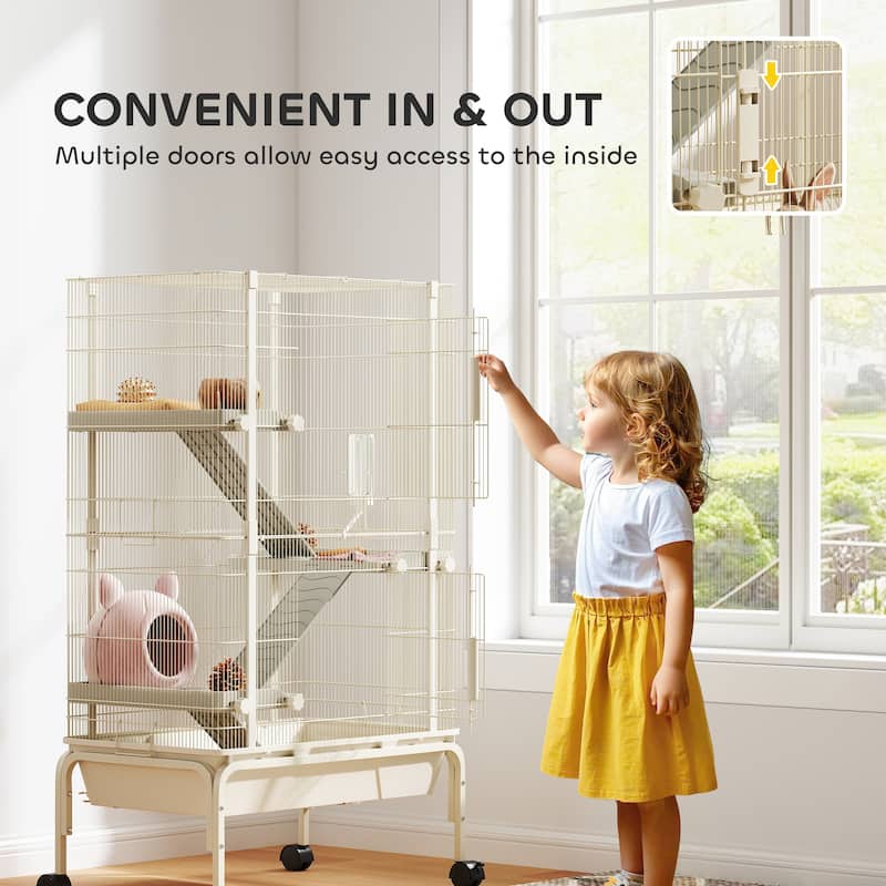 4-Tiers Beige Steel and PP Small Animal Chinchilla Cage with Platforms Ramps Food Dish and Water Bottle