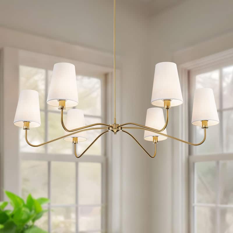 Starsky 6-Light Modern Classic Chandelier with White Linen Shades - 47"W - Gold
