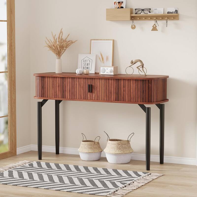 47" Fluted Console Table with Drawers, Narrow Entryway Tables with Storage and Shelves