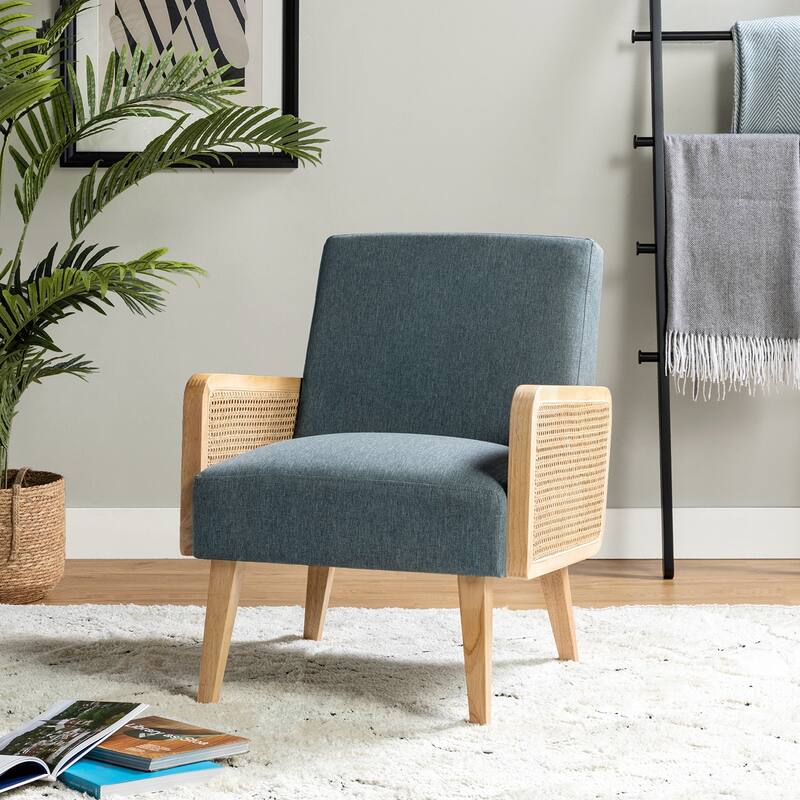 Carmina Upholstered Accent Chair with Natural Rattan Arms by HULALA HOME - Blue