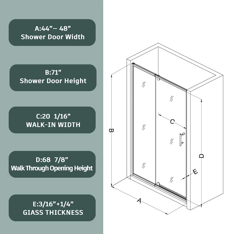 Modland 44-48 Inch Adjustable Pivot Shower Door - Magnetic Seal, 1/4" Tempered Glass, Reversible Black/Chrome - 48 x 71