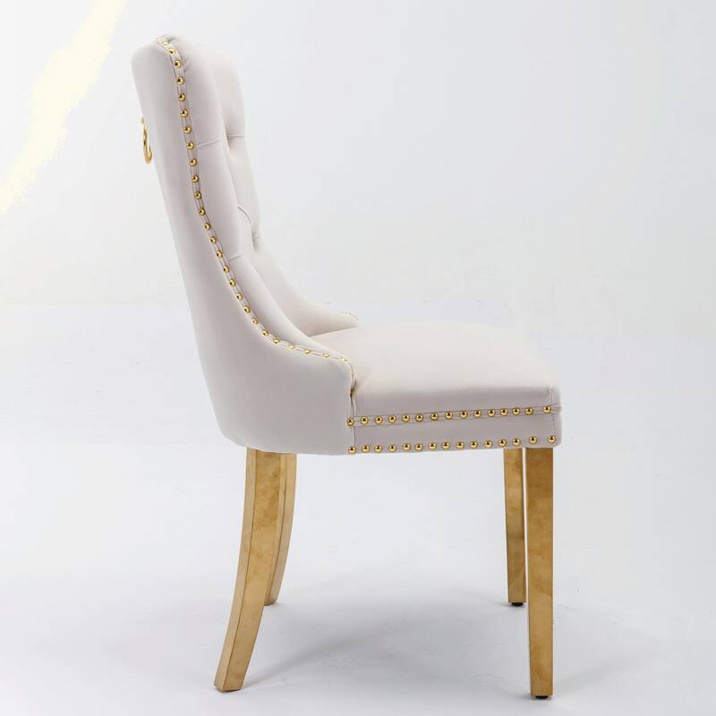 Tufted Velvet Dining Chairs - Solid Wood - Golden Stainless Steel Legs - Nailhead Trim - Set of 2