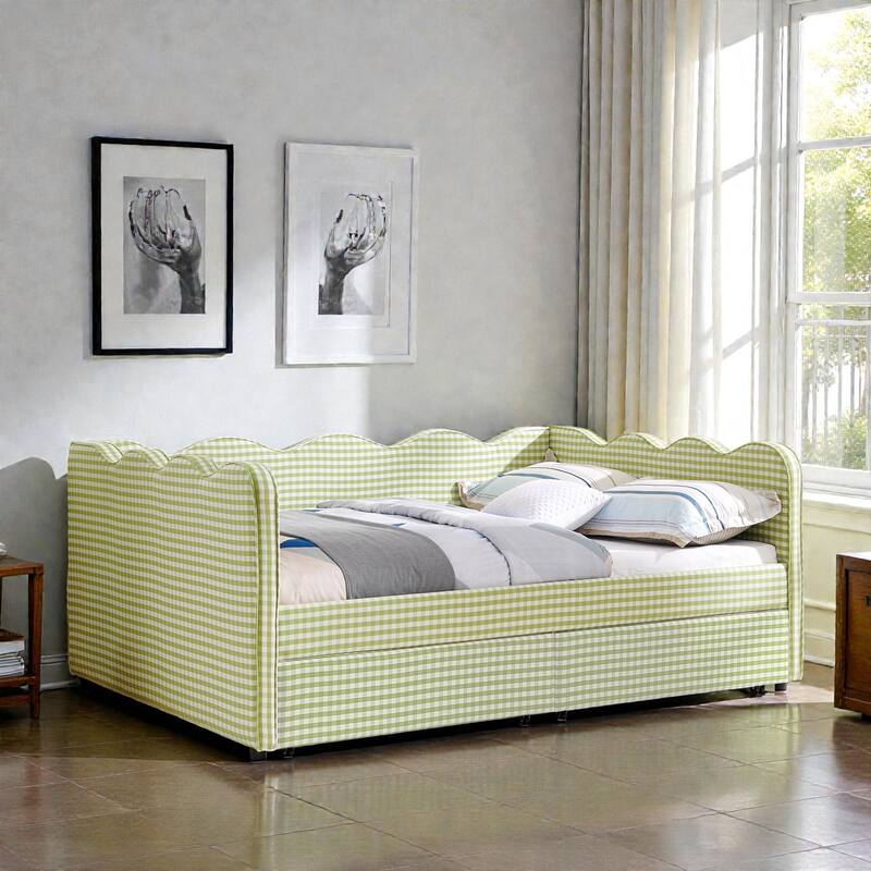 Full Size Gingham Upholstered Daybed with USB Port, Two Storage Drawers and Wave Shaped Design