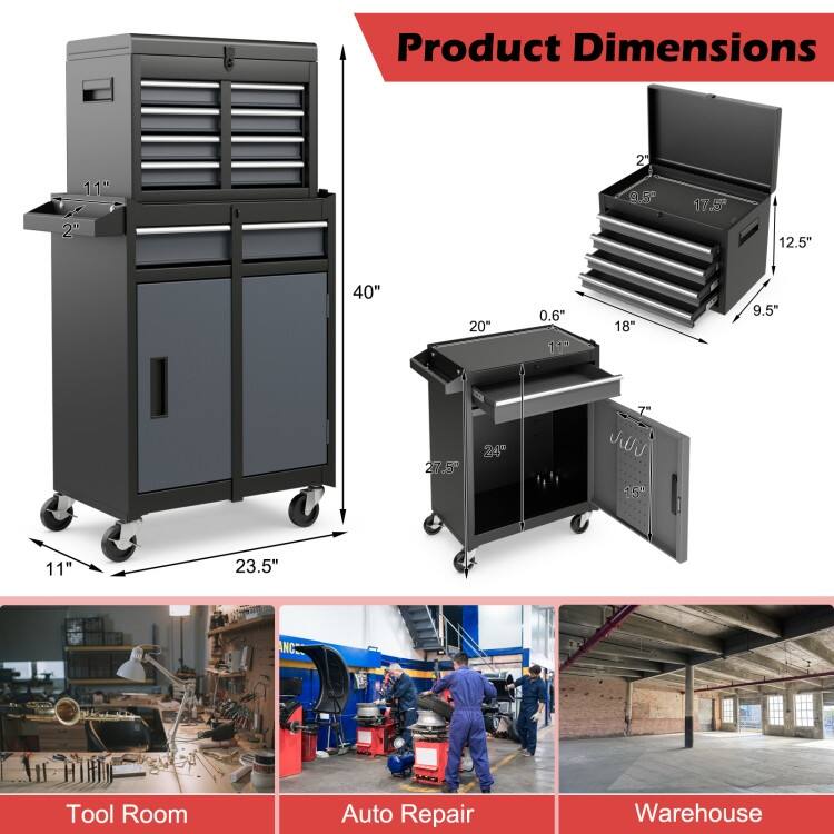 2-in-1 Tool Chest and Cabinet with 5 Sliding Drawers - 23" x 11" x 40.5"(L x W x H)