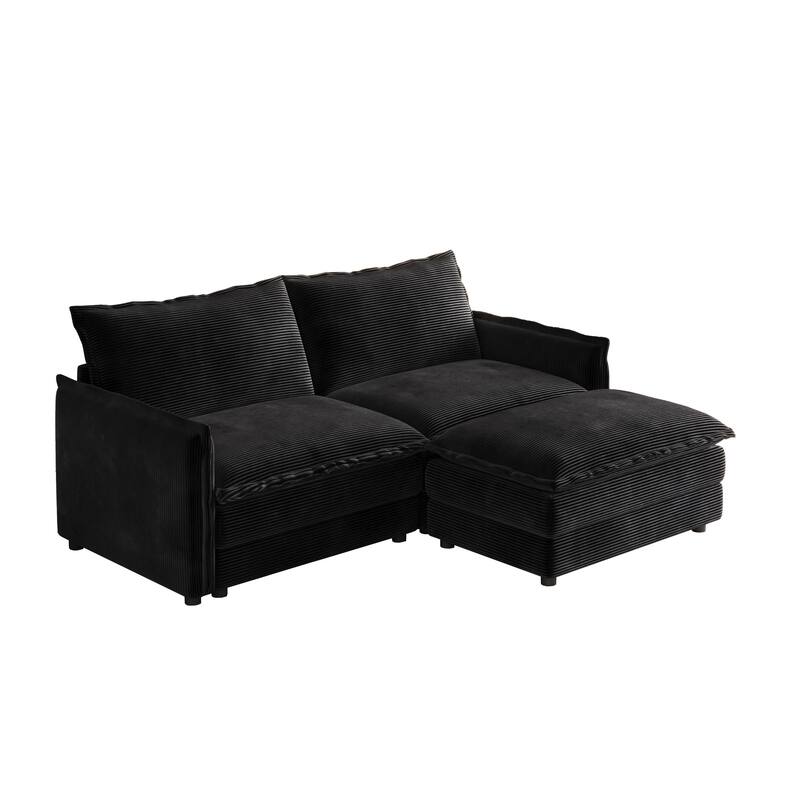 Modern 2 Seater L-Shaped Sectional, Loveseat Sofa Couch with 1 Footrest and Corduroy Upholstery for Living Room or Bedroom