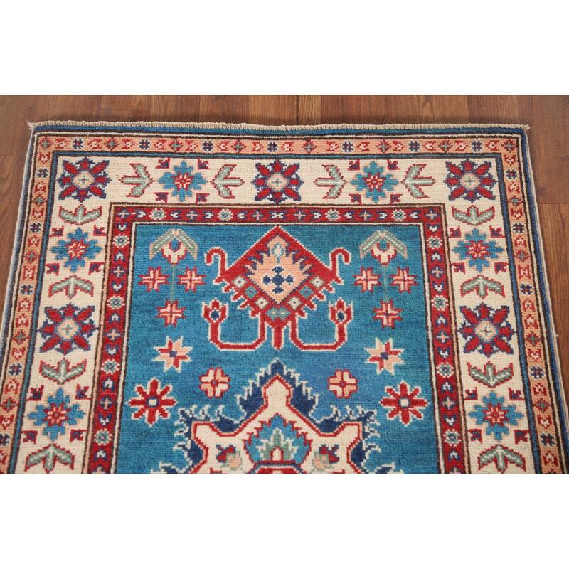 Blue Geometric Kazak Oriental Accent Rug Handmade Wool Carpet - 2'9" x 4'0"