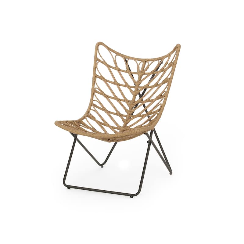 Fordy Outdoor Chair Set of 2, Curved Seat, Brown Rattan, Black Metal