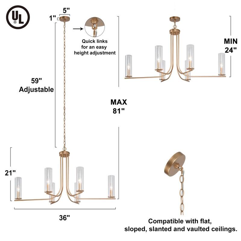 Mid-Century Modern 6-Light Gold Chandelier Metal Glass Island Light for Dining Room - 36"D x 21"H