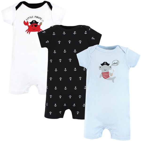 slide 1 of 1, Hudson Baby Infant Boy Cotton Rompers, Pirate Shark 0 - 3 Months - Blue