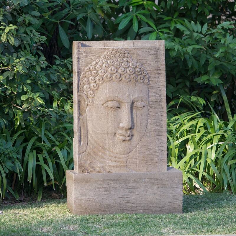 Sandstone Buddha Fountain, Indoor Outdoor Water Fountain with Light 25x13x39" High