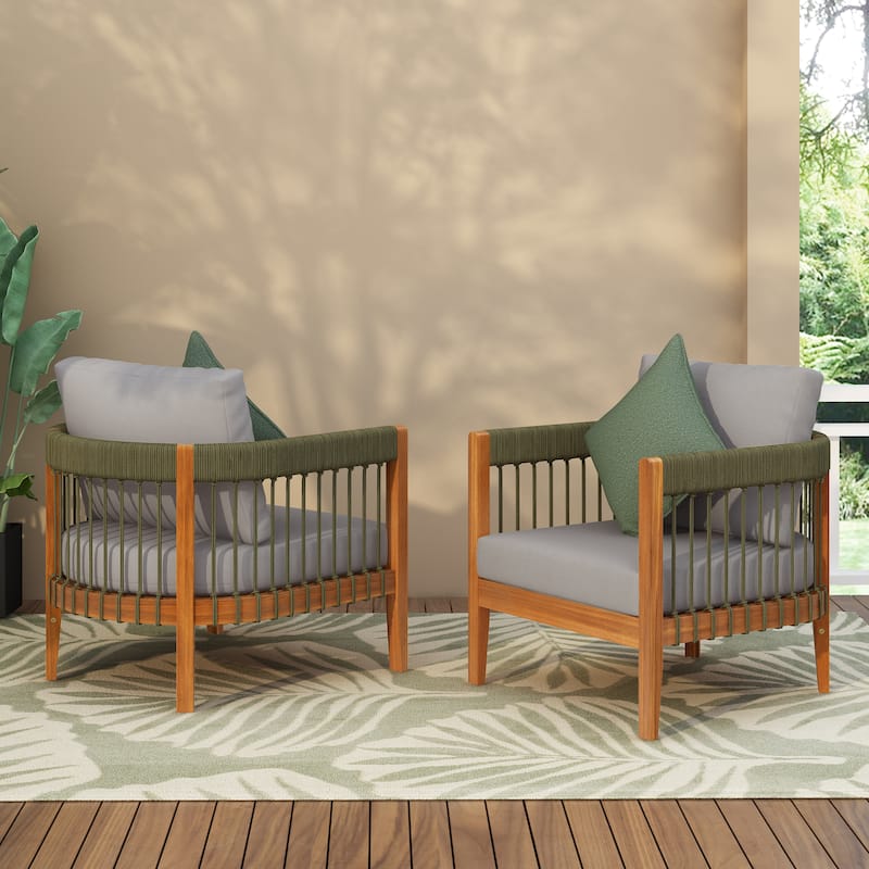 [Set of 2] Acacia Wood Outdoor Club Chair Handwoven Rope Curved Backrest Water-Resistant Porch