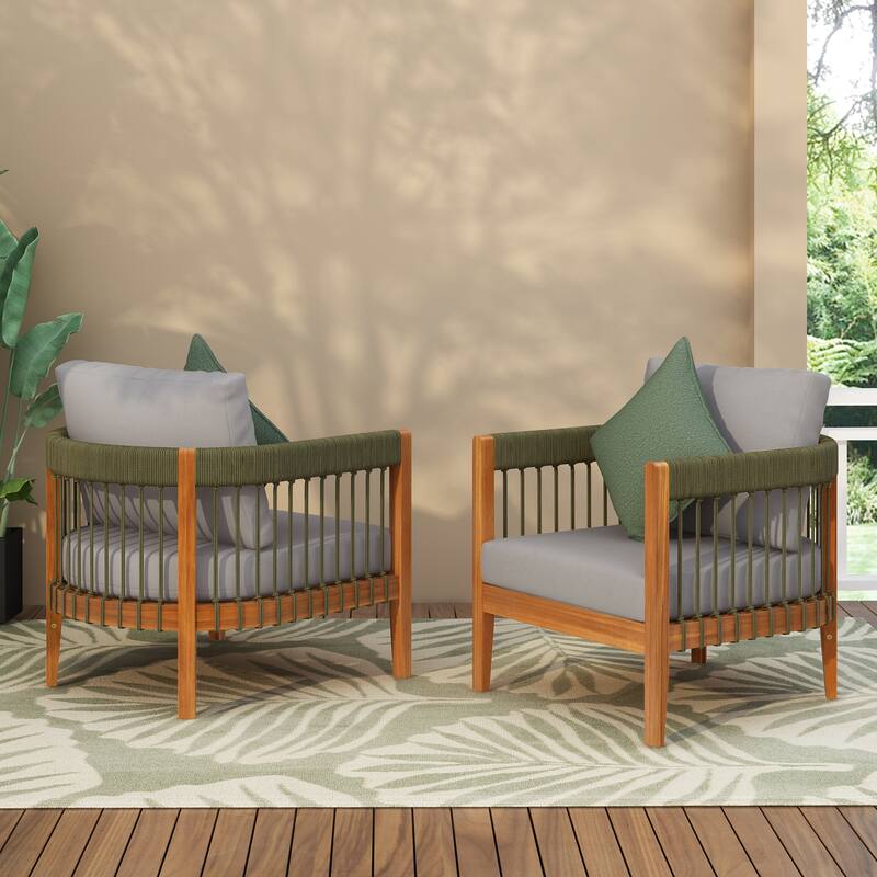 Boho Woven Outdoor Club Chair with Curved Backrest, Cushions, Set of 2