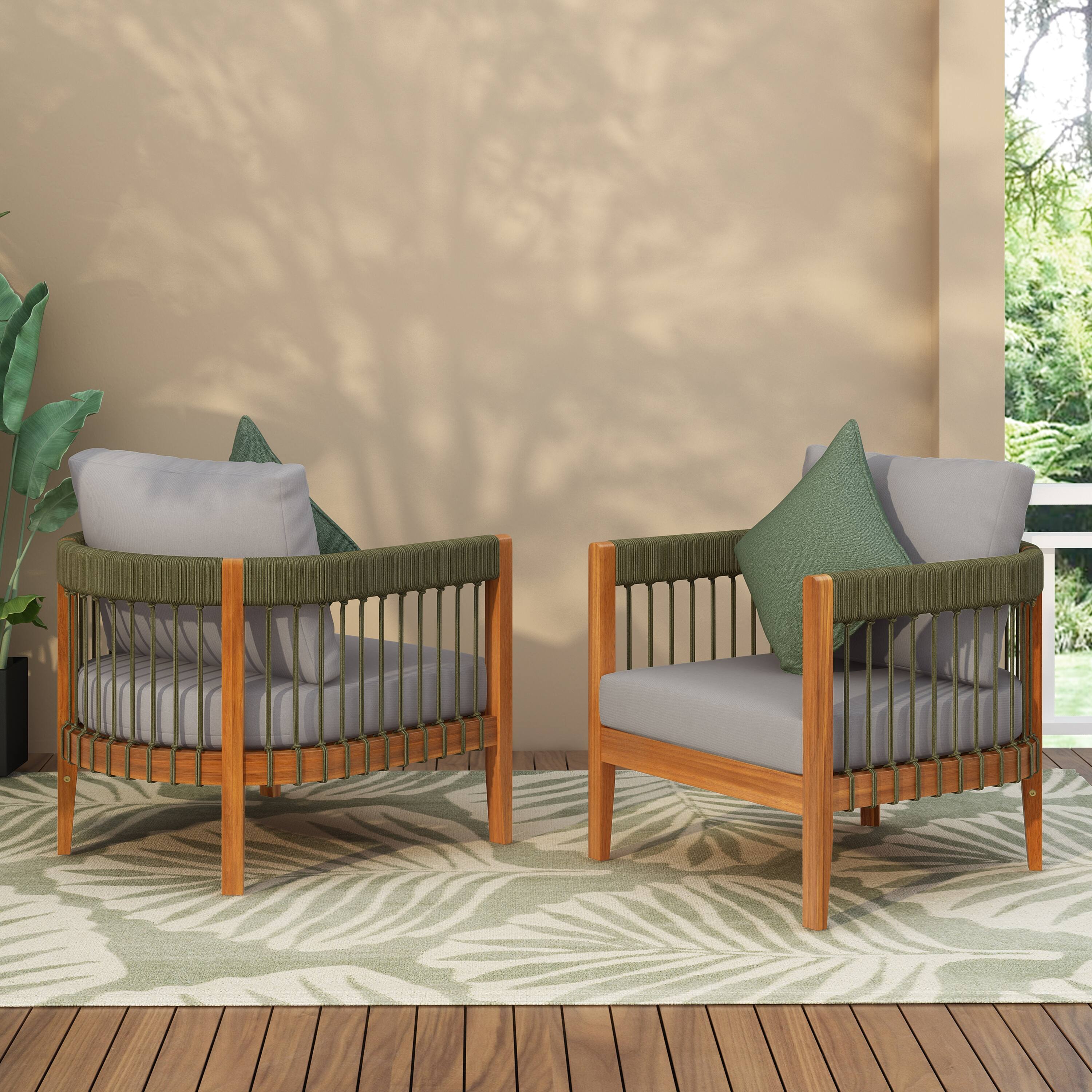 Roomfitters Acacia Wood Outdoor Club Chair with Handwoven Rope Accents, Water-Resistant Cushions