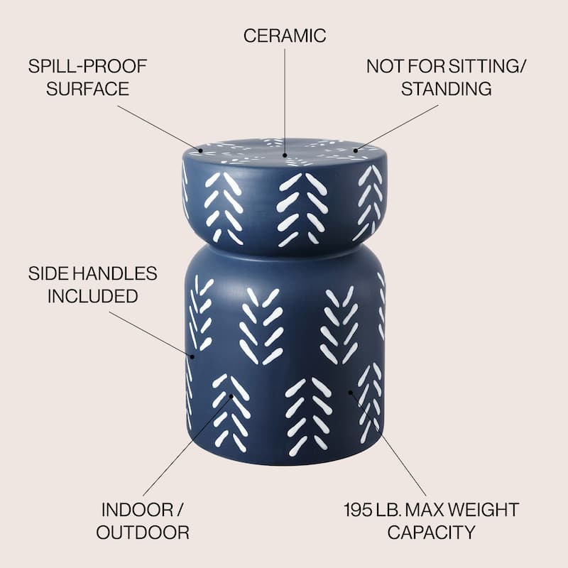 Rafi 18" Modern Bohemian Arrow Pattern Drum Indoor/Outdoor Garden Stool, Navy/White, by JONATHAN Y