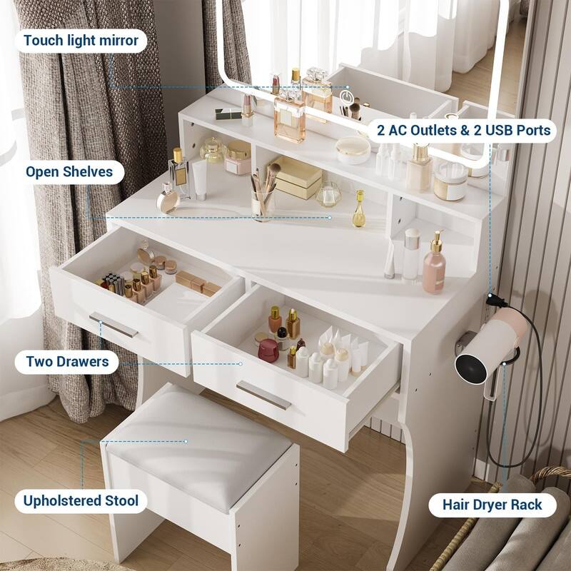Makeup Table Set with 2 Drawers, Open Shelves, Charging Station & Stool