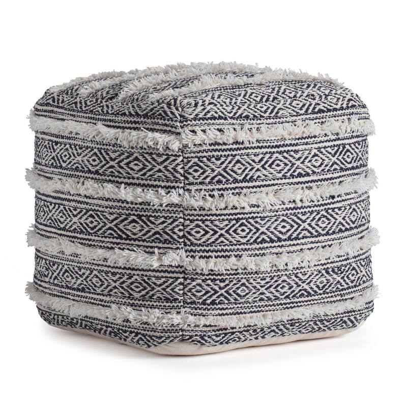 Jani Ouray 20 x 20 x 20 Blue & Ivory Square Pouf Ottoman - Handmade Footrest for Living Room, Bedroom, Nursery
