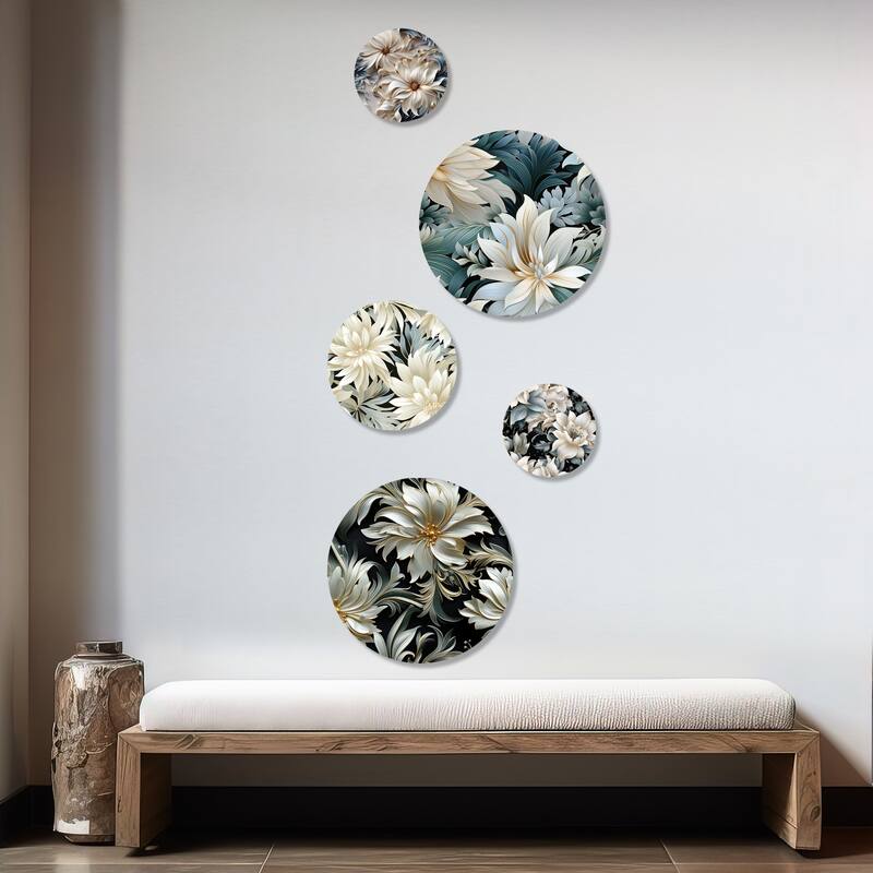 Designart "Exotic Grey And Black Flowers Pattern" Floral Wall Art Set of 5 - Cottage White Metal Art Print Set