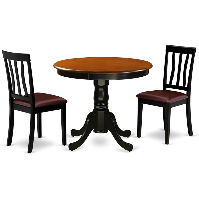 3-Piece Dining Set with Round Table and 2 Faux Leather Chairs, Black & Cherry