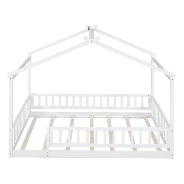 Full Size Wood Bed House Bed Frame with Fence, for Kids, Teens, Girls