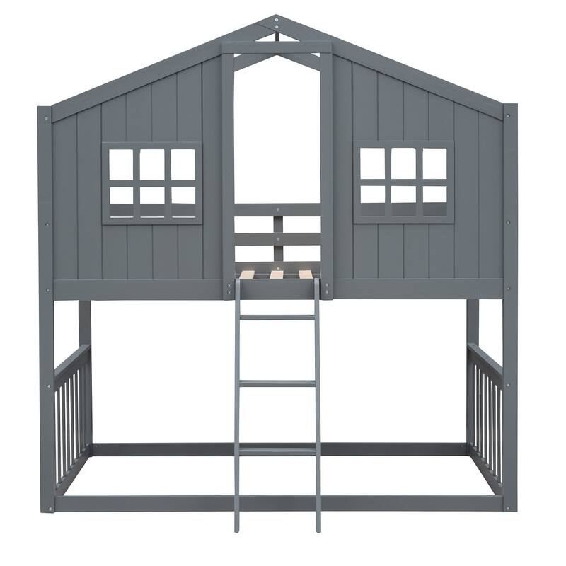 Roomfitters Twin Over Twin House Bunk Bed with Ladder, Playhouse Design Wood Frame