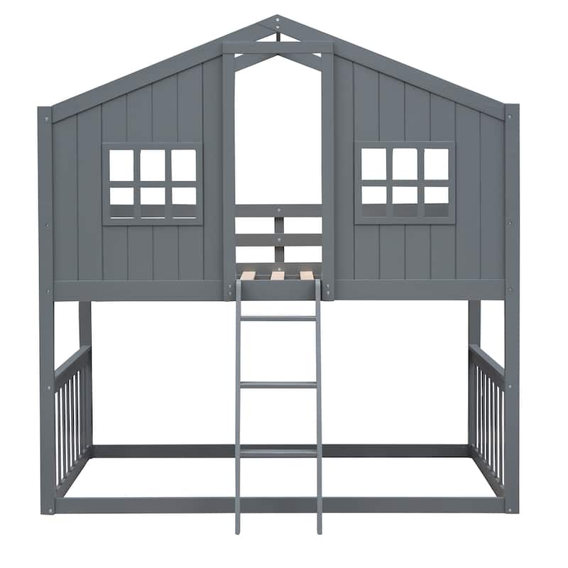 Twin Over Twin Wooden House Bunk Bed, Playhouse-Inspired Design with Ladder and Window, Solid Pine