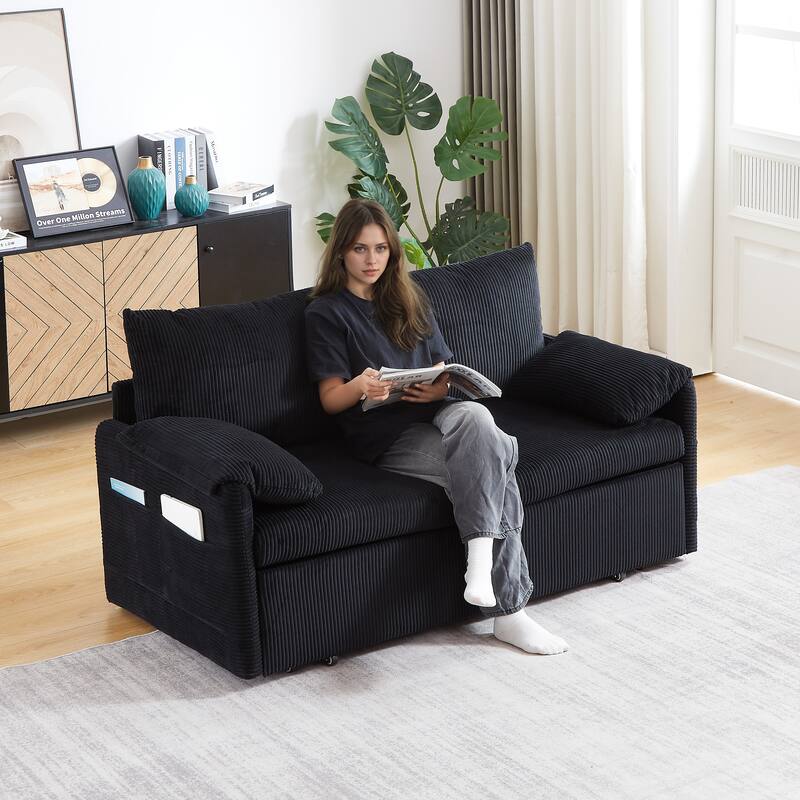 65" Corduroy 2-Seater Sleeper Sofa, 3-in-1 with Storage and Side Pocket