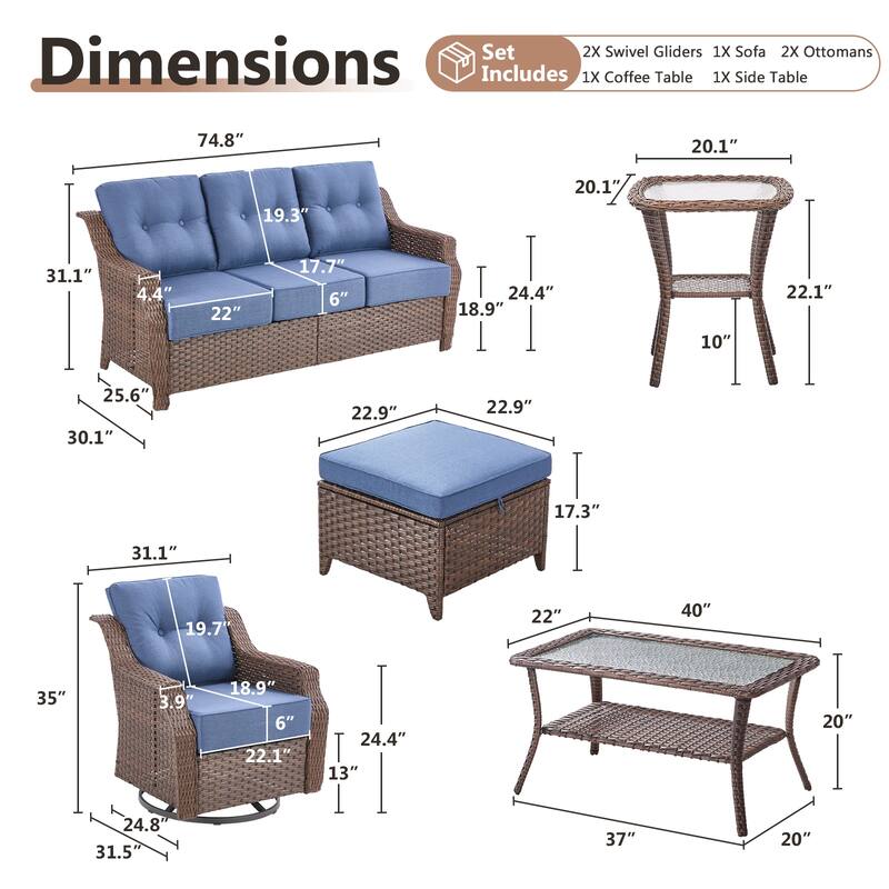 Artisan Patio Brown Wicker Sofa Conversation Set with 6-Inch Thick Cushions