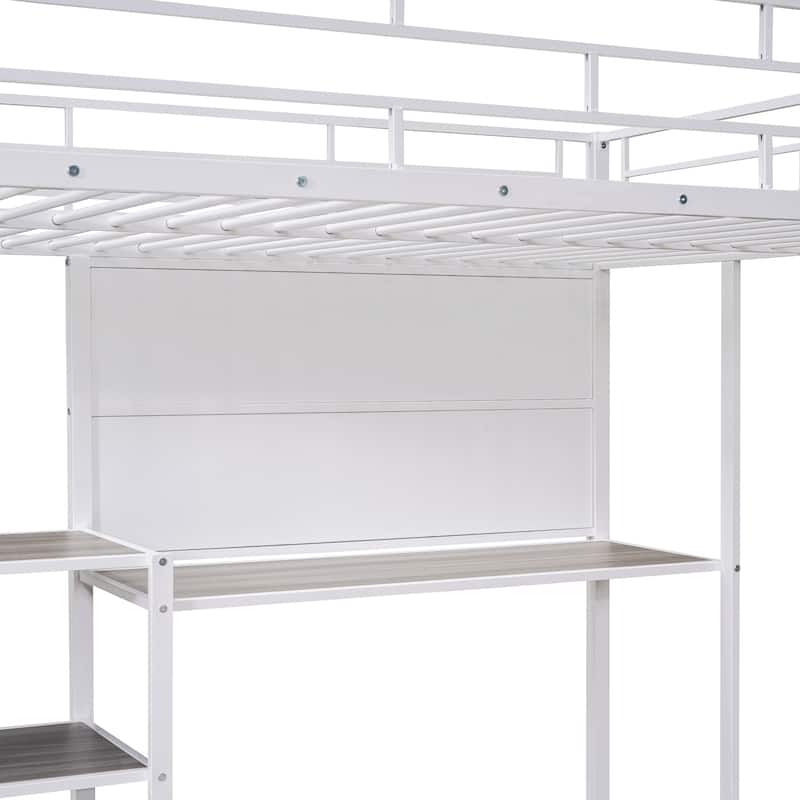 Metal Bed Frame Kids Loft Bed with Desk and Whiteboard, 3 Shelves and Ladder, Metal Slat Support