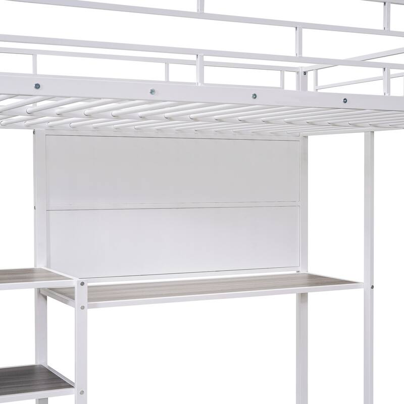 Metal Loft Bed with Desk, Whiteboard, Shelves, and Ladder