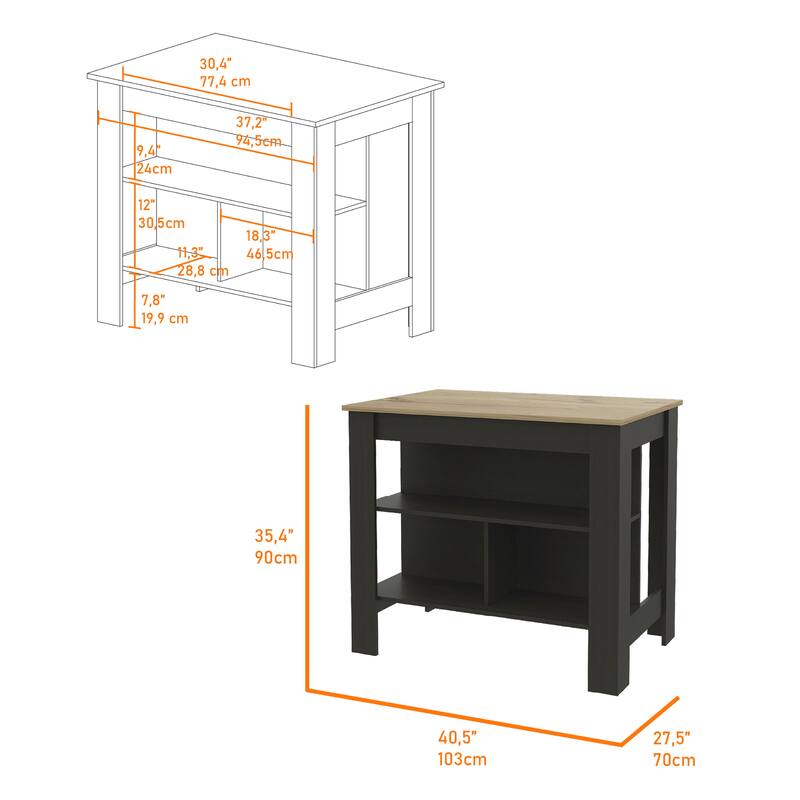 Kitchen Table Island, 35" High, 3 Open Storage Shelves, Black/Light Oak with Spacious Prep Area