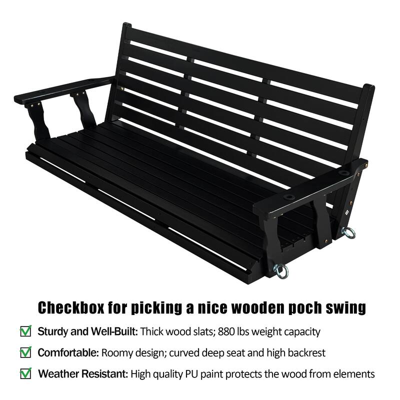 Wooden Porch Swing with Hanging Chains and 7mm Springs Heavy Duty 800 LBS for Outdoor Patio Garden Yard