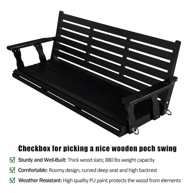 Wooden Porch Swing with Hanging Chains and 7mm Springs for Outdoor Patio Garden Yard