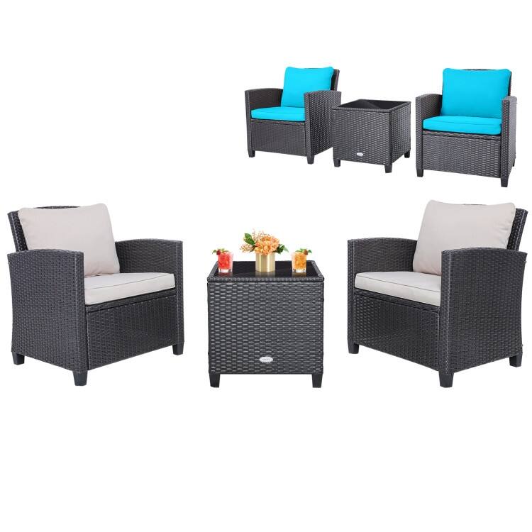 3 Pieces Rattan Patio Furniture Set with Washable Cushion - Chair: 26.5" x 26.5" x 30"
