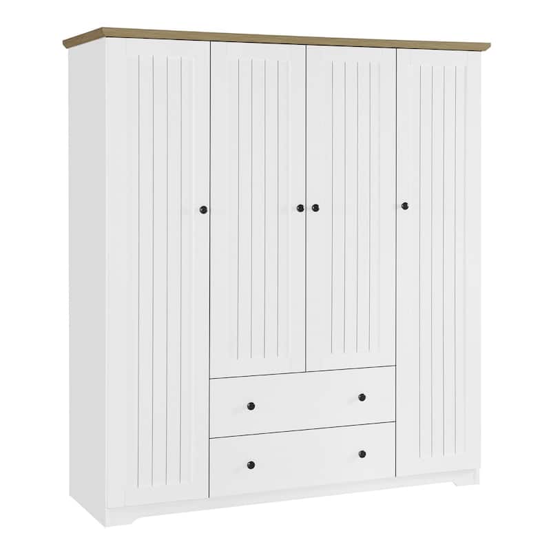 4 Door Wardrobe Armoire Closet with 2 Drawers, Freestanding Wardrobe Clothes Storage Cabinet with Hanging Rods
