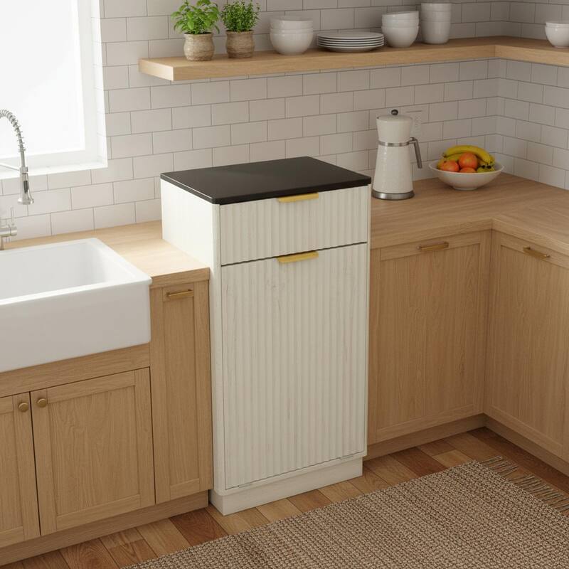 Homy Casa Farmhouse Double Tilt-Out Trash Cabinet, 20/10 G Recycling Bin, Barn Door Laundry Sorter with Drawer, Kitchen Tilt Out - Ancient White